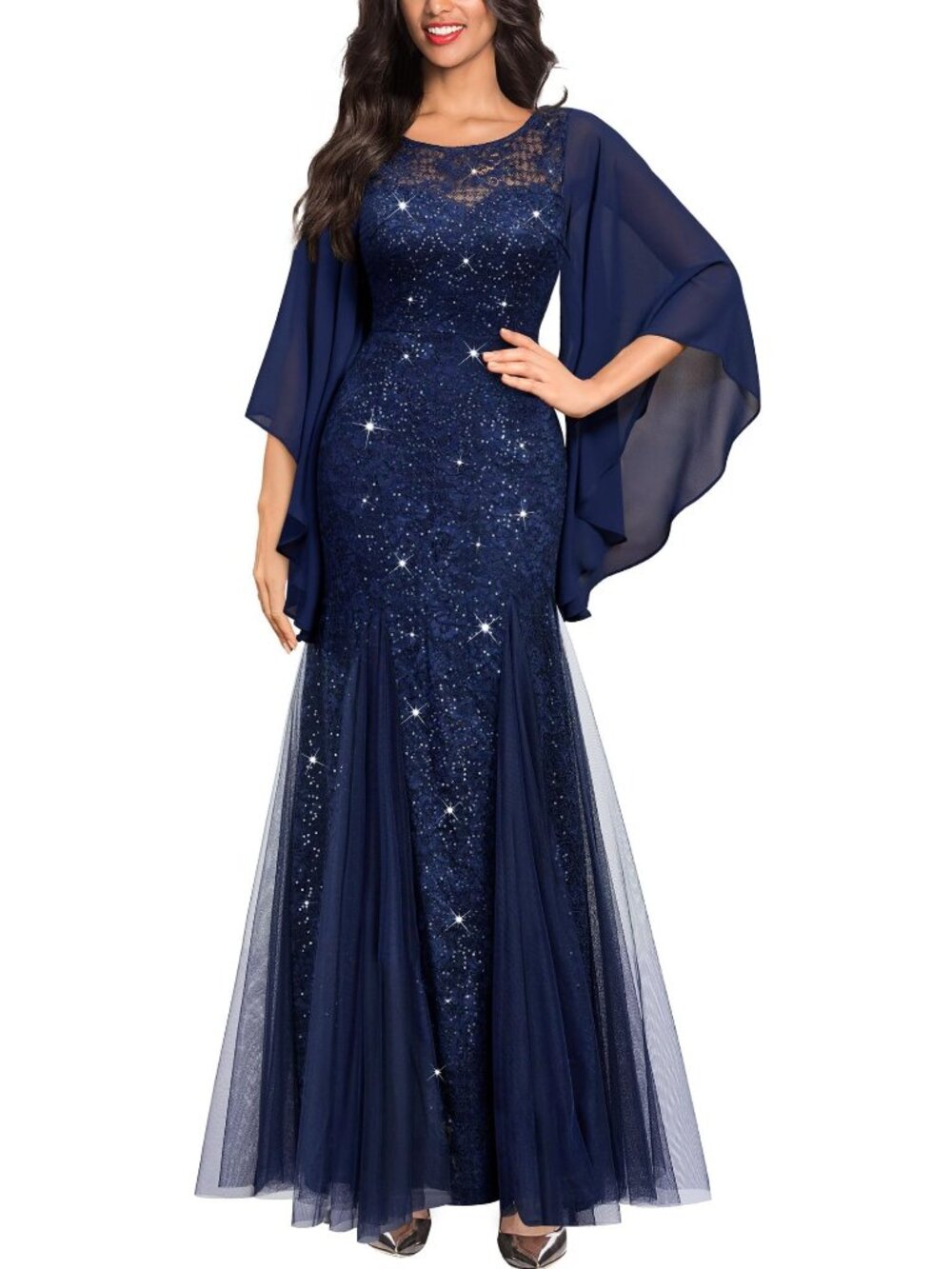 NWT Miusol Lace Tulle Sparkly Sequin Formal Evening Maxi Dress XLarge Navy